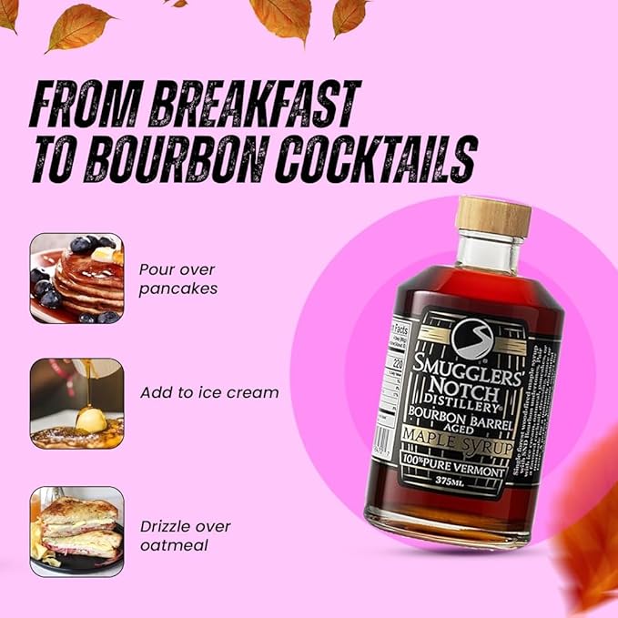 Smugglers’ Notch Maple Works – Bourbon Barrel Aged – 100% Pure Vermont Maple Syrup – Natural Sweetener &amp Gluten Free – Rich Taste – Waffles and Pancakes Cocktails Marinades 12.68 Fl Oz. (375 mL