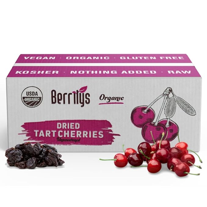 Berrilys Natural Dried Tart Cherries 5 lb No Sweet Added Non-GMO Plant-based Ideal and Great for Baking Snacking Salads &amp Recipes and More.