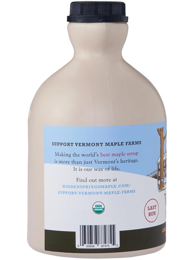 HIDDEN SPRINGS MAPLE 100% Organic Vermont Maple Syrup Grade A Very Dark Robust 32 Ounce 1 Quart Family Farms BPA-free Jug
