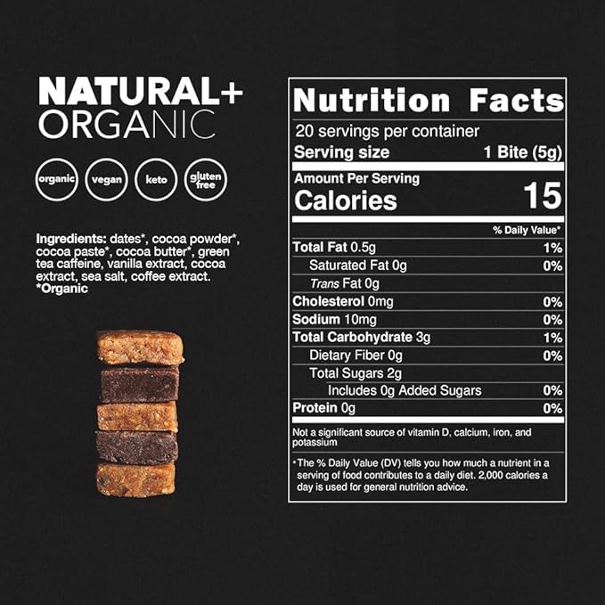 CAFF All Natural Energy Bites - Caffeinated Chocolate Flavored Chew for Energy Boost - No Added Sugar - 65mg Caffeine Chocolate Bars – 15 Calorie Organic Caffeine Snacks - Vegan Gluten-Free Keto (20