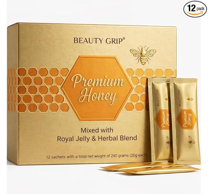 Royal Boost Honey with Royal Jelly Bee Pollen &amp Herbal Blend - Natural Energy &amp Vitality Support - Pure Unfiltered &amp Nutrient Rich12 Sachet Packs 8.47 Oz