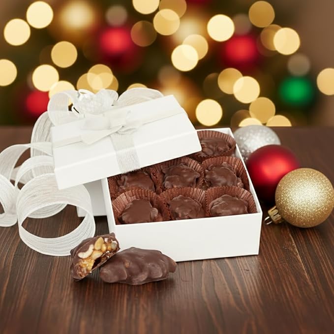 Milk Chocolate Caramel Pecan Nut Clusters White Gift Box - by It's Delish | 12 OZ Premium Milk Chocolate Covered Nuts with Carmel Cluster | Christmas Gifts Box of Chocolates Candy Nut Turtles with Pec
