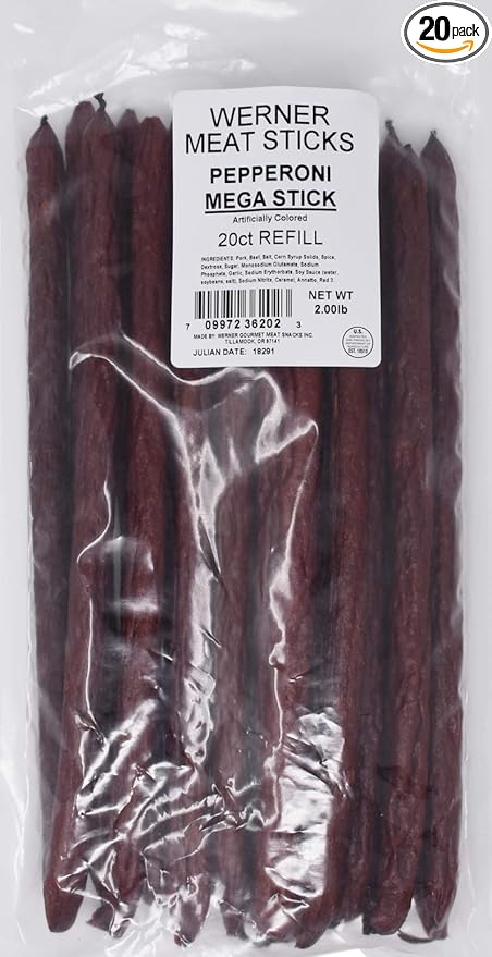 Werner Mega Pepperoni Meat Sticks - Bag of 20 Thick &amp Hearty Meat Sticks - Made in the USA