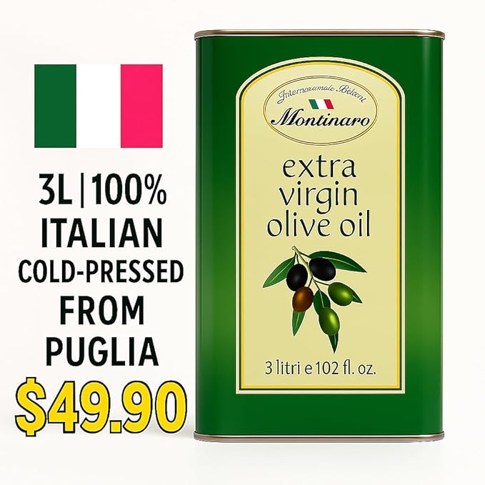 Montinaro Italian Extra Virgin Olive Oil – 3 Liter (101 fl oz) Tin – Cold-Pressed EVOO from Puglia Italy – Coratina Monovarietal Rich &amp Peppery – Best Value Large Size – Non-GMO Vegan