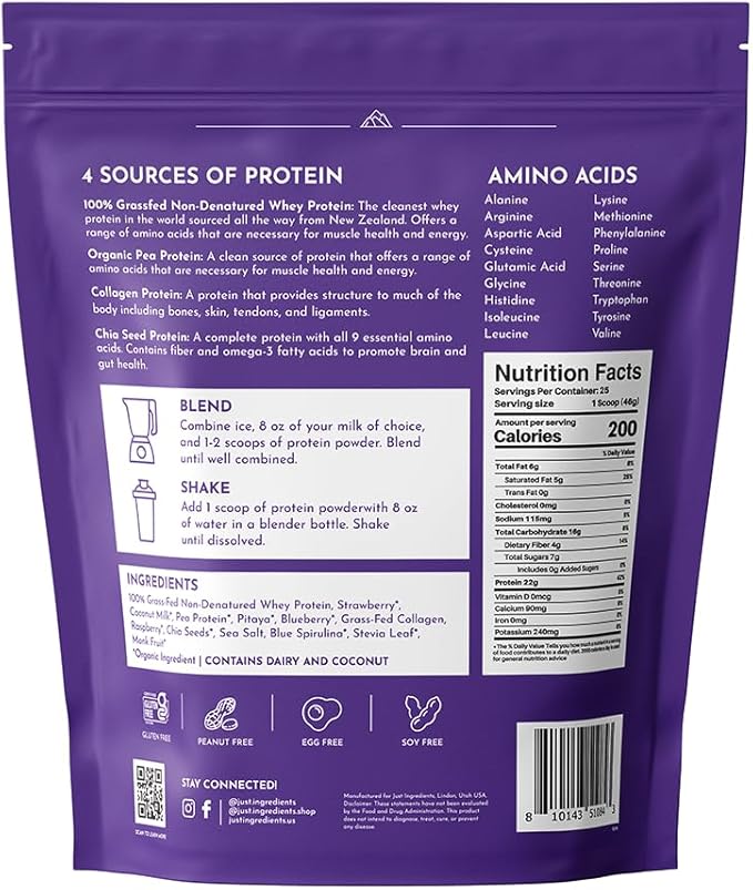 JUST INGREDIENTS Mountain Berry Protein Powder – 30-Serving Blend with 100% Grass-Fed Whey &amp Organic Plant Proteins – Mixed Berry Flavor with Real Fruit – Supports Muscle Recovery Energy*
