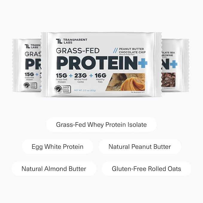 Transparent Labs Protein+ Bars - Whole-Food Protein Bars w/ 15g+ Grass-Fed Whey &amp Egg Whites Protein Natural Peanut &amp Almond Butter No Artificial Sweeteners - Sea Salt Brownie 12 Bars