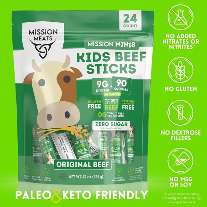 Mission Meats Kids Beef Sticks 100% Grass Fed Healthy Snacks for Kids Zero Sugar 9g Protein per Serving Gluten &amp Nut Free Individually Wrapped Mini 0.5oz (72ct Bag)