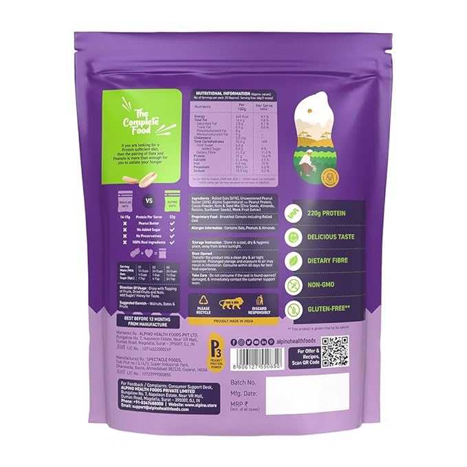 ALPINO Peanut Butter Super Oats Chocolate | 21% High Protein | Made with Rolled Oats Chocolate Peanut Butter &amp Cocoa | No Added Sugar &amp Salt | Gluten-Free | Vegan (35.2 oz)