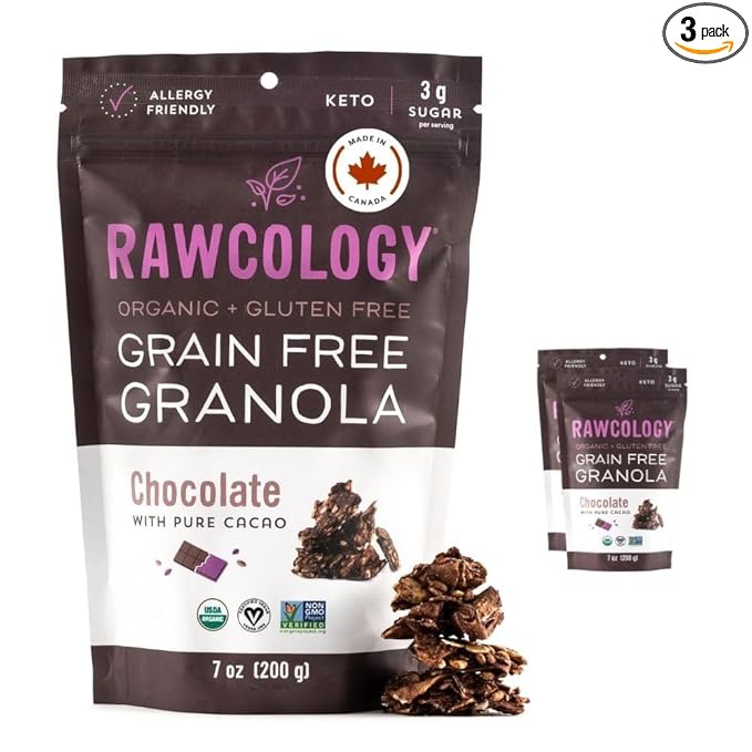 Rawcology Organic Keto Grain Free Raw Crunch Granola - Chocolate with Raw Cacao 3 x 200 Gram Pack