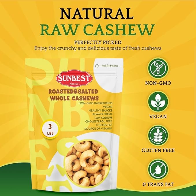 Sunbest Natural Whole Roasted Salted Cashews – 3 lb Bulk Bag (48 oz) – Non-GMO Vegan &amp Crunchy – Kosher Certified Gluten-Free – Perfect for Snacking Topping &amp Baking