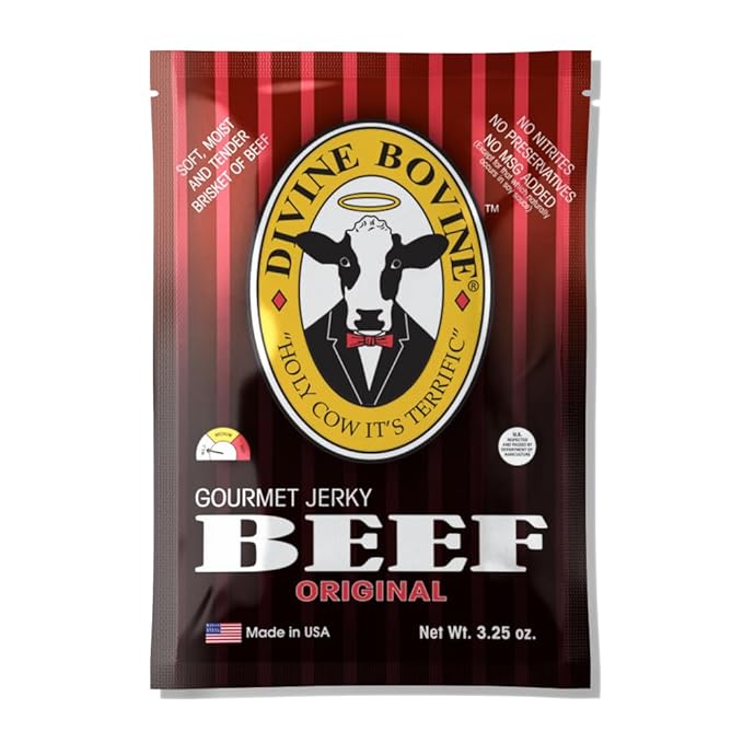 Divine Bovine Gourmet Jerky - Original Flavor 4 Pack (3.25 oz Bags) Premium Steer Brisket All-Natural No Artificial Preservatives Protein Snack