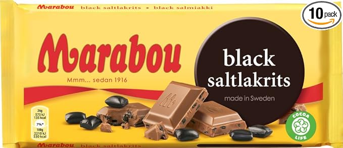 10 Bars x 180g of Marabou Black Saltlakrits - Salty Licorice - Original - Swedish - Milk Chocolate