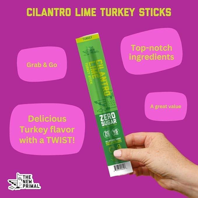 New Primal Cilantro Lime Turkey Sticks Keto Gluten Free Healthy Snacks for Adults Sugar Free Low Carb High Protein Paleo Whole30 Jerky Meat Stick 7g Protein 45 Calories 1oz (Pack of 20)