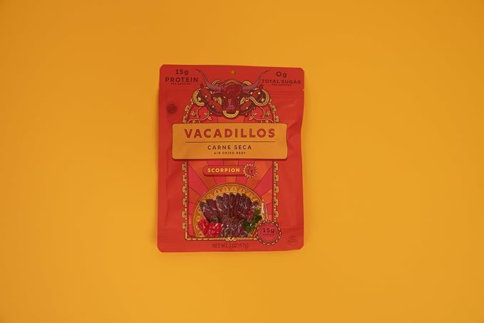 Vacadillos - High Protein Carne Seca | 30g Protein Sugar Free Carbs Free Gluten Free Dairy Free Keto &amp Paleo Friendly | Mexican Inspired Beef Jerky Snack | Scorpion Pack Of 4