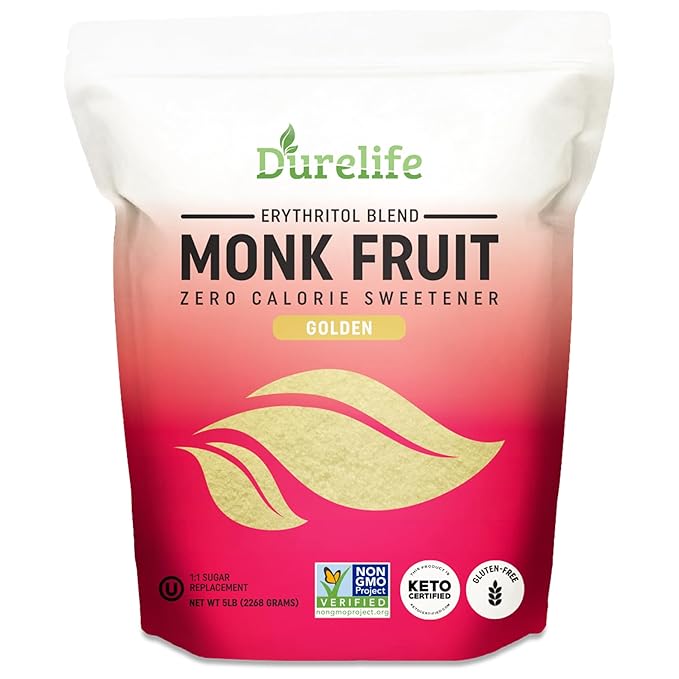 Durelife Golden Monk Fruit Sweetener 1:1 Sugar Replacement Keto Diet Friendly Zero Calorie Kosher Sugar Substitute Crystal Golden - 5 lb Bulk Size (Packaging May Vary)