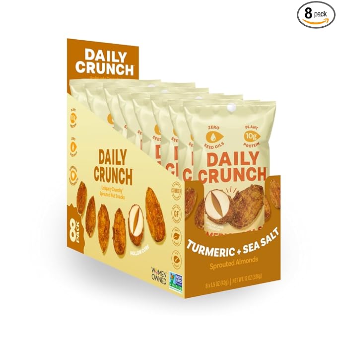 Daily Crunch Sprouted Almonds 1.5 Ounce Mini On-The-Go Bags Sprouted and Dehydrated for a Unique Crunch Keto Friendly Non-GMO (1.5 Ounce Turmeric &amp Sea Salt)