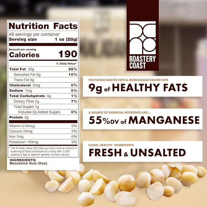 Roastery Coast - Daily Nuts | Just Raw Macadamia Nuts Unsalted | Bulk Nuts |Snack nuts | Healthy Nuts | Gluten free | Macadamia nut butter | Non GMO | Nut snacks | Unsalted Nuts | Keto snack mix
