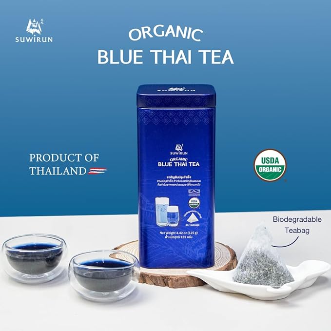 Suwirun Organic Blue Thai Tea 25 Bags – Naturally Blue Butterfly Pea Tea – Floral Aroma with Vanilla &amp Green Tea – Great for Hot Iced &amp Milk Tea