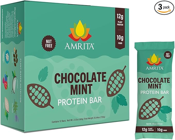 Amrita Nut Free Mint Chocolate Vegan Protein Bars (12 Count PK of 3) | 12g Plant-Based Protein Bar | Peanut Free Gluten Free Dairy Free | Low Sugar High Fiber School Safe