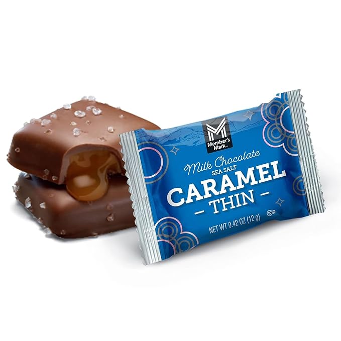Member Marks Milk Chocolate Sea Salt Caramel Thins (50 Count) 21.57 Oz - 2 Pack - Creamy Milk Chocolate with Velvety Caramel Filling &amp Sea Salt - Individually Wrapped Gourmet Snacks