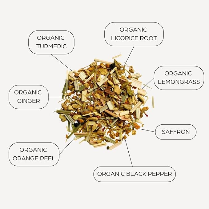 Tahmina Saffron Immunity Caffeine Free Tea: Calming Turmeric and Ginger with Saffron 12 Biodegradable Pyramid Tea Bags Makes 36 Cups of Tea (1 Pack)