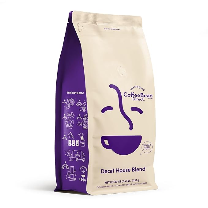 Coffee Bean Direct Decaf House Blend Whole Bean Coffee Mixed Roast Level 2.5 Pound Bag (Pack of 1)