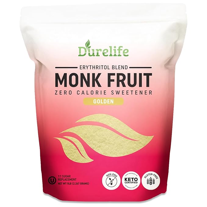 Durelife Golden Monk Fruit Sweetener 1:1 Sugar Replacement Keto Diet Friendly Zero Calorie Kosher Sugar Substitute Crystal Golden - 5 lb Bulk Size (Packaging May Vary)