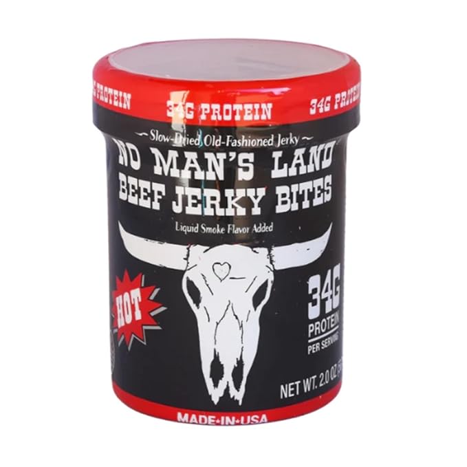 No Mans Land Beef Jerky Cups | High Protein Snack On-The-Go | 6 x 2oz Cups (6 Pack - 2oz Hot)