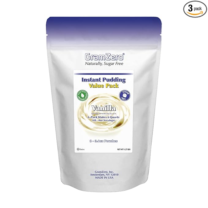 GramZero Vanilla Sugar Free Pudding Mix 6-Pack Great For Nutrition Club Meal Replacement Shakes Low Calorie Dessert Stevia Sweetened