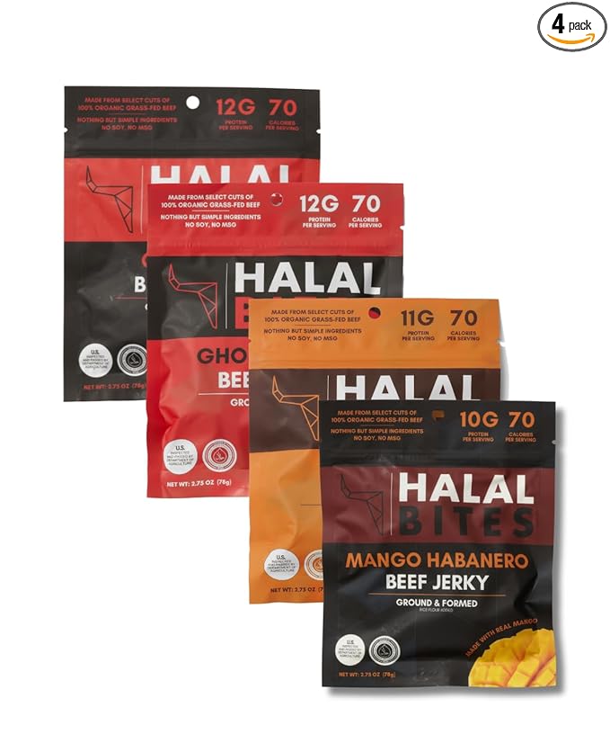 Mixed Flavor 4-Pack (Bulk Size) Halal Bites NEW Mango Habanero Flavor Ghost Pepper Flavor Original Flavor + Chipotle Flavors Organic Grass-Fed Beef Naturally Smoked Infused with Honey &amp Black