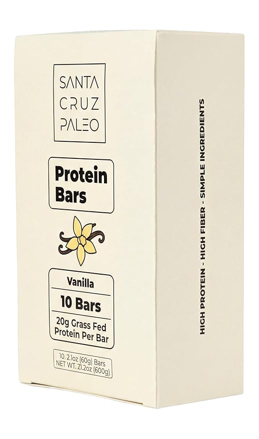 Santa Cruz Paleo Protein Bar – 20g Grass-Fed Whey &amp Collagen Protein – Wildflower Honey Sweetened No Seed Oils High Protein Snack Bar (Vanilla Flavor Pack of 10)