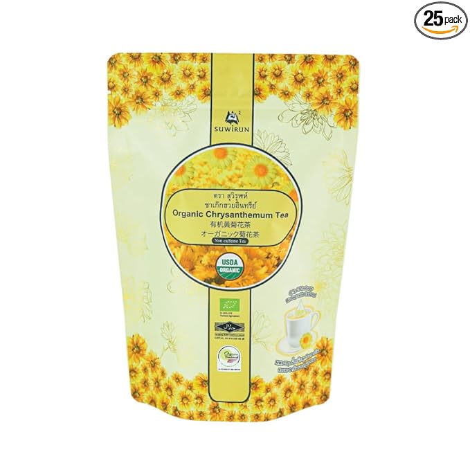 Suwirun Organic Chrysanthemum Tea 25 Bags – 100% Chrysanthemum Flowers – Naturally Caffeine-Free Sweet Floral Aroma – Supports Relaxation &amp Wellness