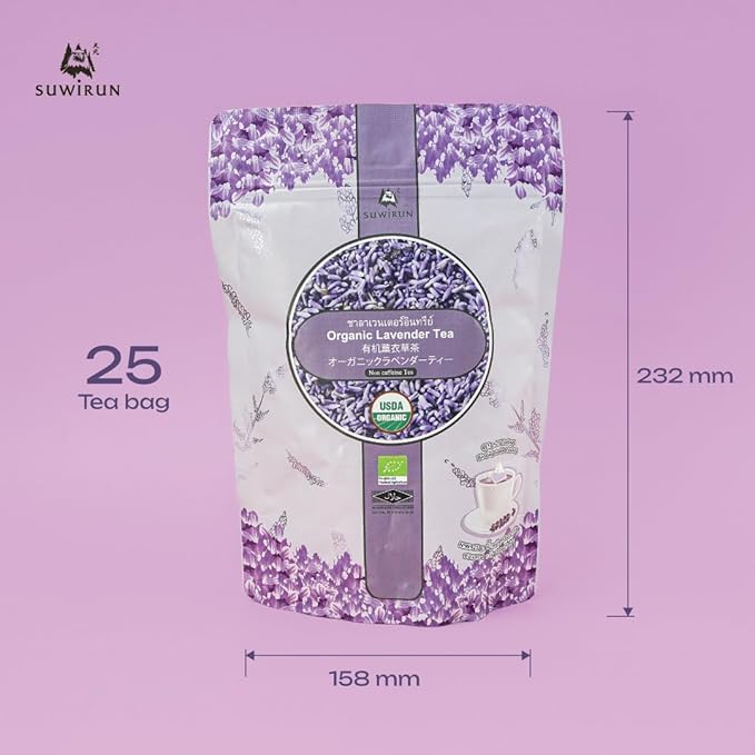 Suwirun Organic Lavender Tea 25 Bags – 100% Lavender Flowers – Aromatic &amp Calming Caffeine-Free – Supports Stress Relief Relaxation &amp Better Sleep