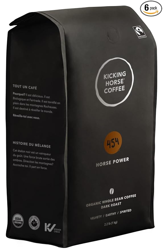 Kicking Horse Coffee 454 Horse Power Dark Roast Whole Bean 1 Kg (Pack of 6) - Certified Organic Fairtrade Kosher