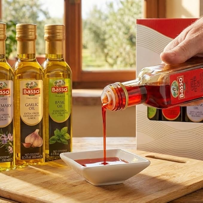 BASSO 1904 - Infused Extra Virgin Olive Oil Gift Box Set First Cold Pressed Variety Pack 4 bottles x 8.5 fl.oz (250ml) Naturally Infused for Dipping &amp Tasting