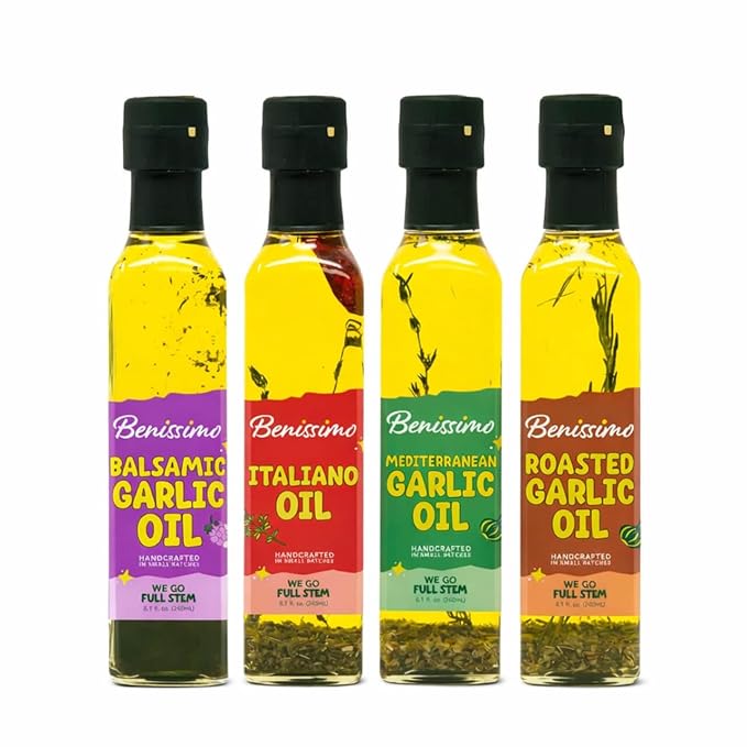 Benissimo Herb Infused Cooking Oil Chef Pack – 4 Artisan Flavored Oils: Italiano Roasted Garlic Mediterranean Garlic &amp Balsamic Garlic – Gourmet Cooking Oil Gift Set All Natural 8.1 fl oz Each