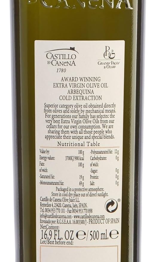Castillo De Canena Extra Virgin Olive Oil (16.8 fl. oz.) Arbequina Award Winning Early Harvest High Polyphenol Cold-Pressed Purity | Rich Bold Flavor Profile | Bread Soup Pasta Salad Dressing V