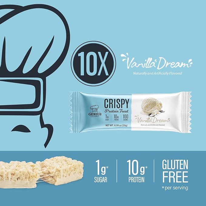 Genius Gourmet Crispy Protein Treat Vanilla Dream Keto Snack Low Carb Low Sugar &amp Gluten Free Protein Snacks for Adults 10G of Whey Protein per Protein Bar 5 Net Carbs On The Go Snack 10