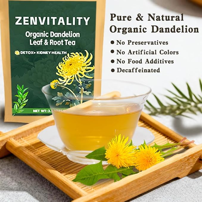 ZenVitality Dandelion Leaf and Root Tea（50 Bags）100% Certified Organic/Decaffeinated Naturally beneficial for liver/blood pressure/blood sugar/digestive health Decaffeinated