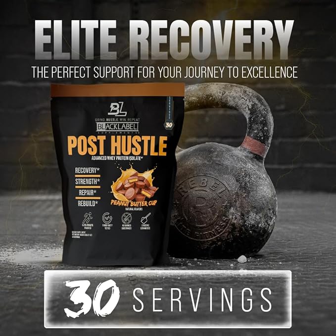 BLACKLABEL Supplements Post Hustle Post Workout Protein Powder 30 Servings – Whey Protein Isolate Powder with Digestive Enzymes – Post Workout Protein Powder – Peanut Butter Cup