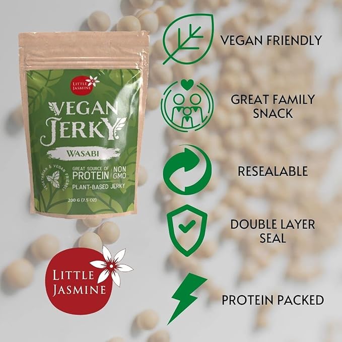(2 PACK) NON-GMO Little Jasmine Vegan Jerky Wasabi Flavor Plant Based Protein Clean Ingredients Made in Taiwan 7.5 oz