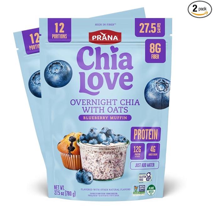 Chialove Overnight Chia with Oats Blueberry Muffin | 12g of protein | Low Sugar | Rich in Fiber Vegan Gluten-free Non-GMO | Ready to Eat Breakfast - 27.5 oz Bags - 2 Pack