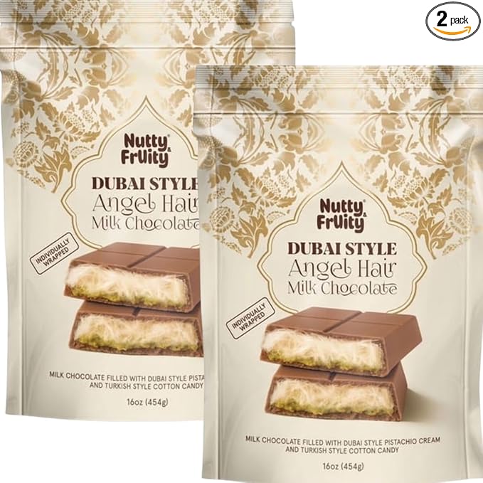 Nutty Fruity Dubai Angel Hair Milk Chocolate Premium Middle Eastern Style Chocolate Candy Creamy Milk Chocolate with Delicate Shredded Filling 16 oz (Pack of 2)