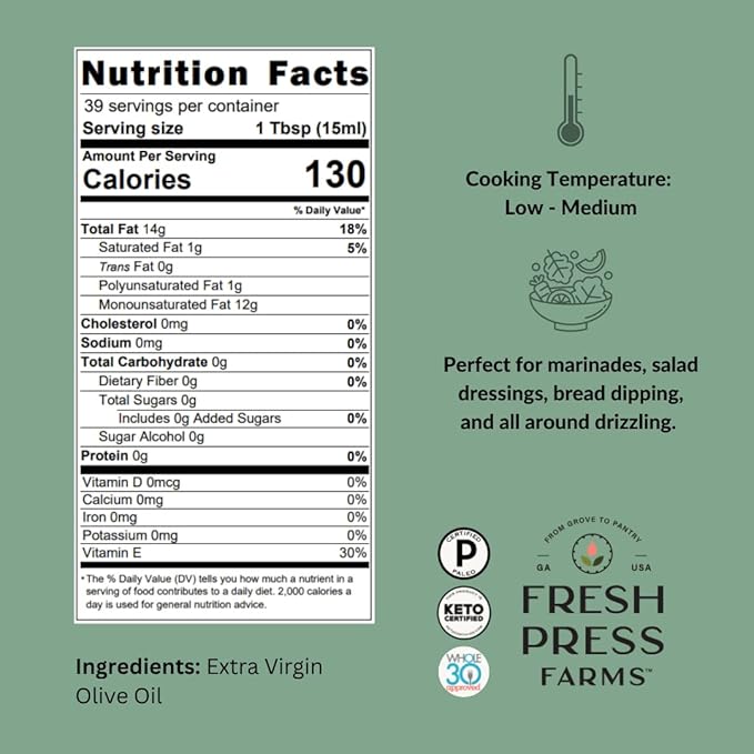 Fresh Press Farms Cold Pressed Bold Extra Virgin Olive Oil 16.4 Fl Oz (Pack of 2) Georgia Grown 100% American Made Unrefined Certified Whole30 Non-GMO Keto Paleo Gluten Free
