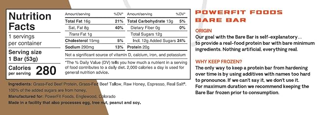 PowerFit Foods Bare Bar 10-Pack 20g Grass-Fed Beef Protein Bar Grass-Fed Tallow Honey Clean Ingredients Seed Oil Free (10-Pack Espresso)