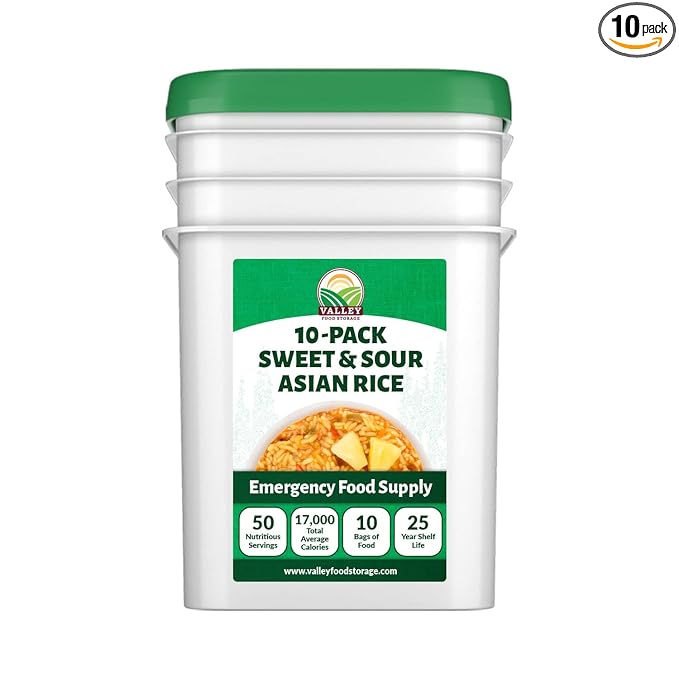 Valley Food Storage Sweet &amp Sour Asian Rice | 10-Bag Bucket 50 Servings | Gluten Free Premium Emergency Food Supply 25 Year Shelf Life | Survival Meal Kits Prepper Food &amp Off-Grid Living Su
