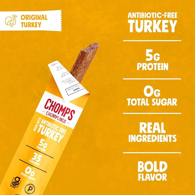 Chomps Snack Size Original Turkey Jerky Meat Sticks ABF Turkey Keto Paleo Whole30 Approved Low Carb High Protein Gluten Free Sugar Free 35 Calories 0.5 Oz (Pack of 24)