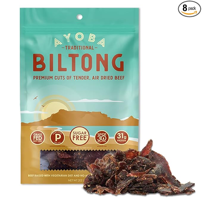 Ayoba Traditional Grass Fed Beef Biltong Slices (2 Ounce Pack of 8) Keto Friendly Air-Dried Grass Fed Beef Paleo Snacks - Gluten Free Whole 30 Approved No Sugar No Carb Meat Snacks