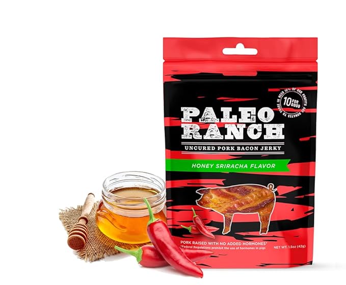 PALEO RANCH Uncured Bacon Jerky Honey Sriracha No Added Hormones No Preservatives 1.5-oz. Pouches (Pack of 8)