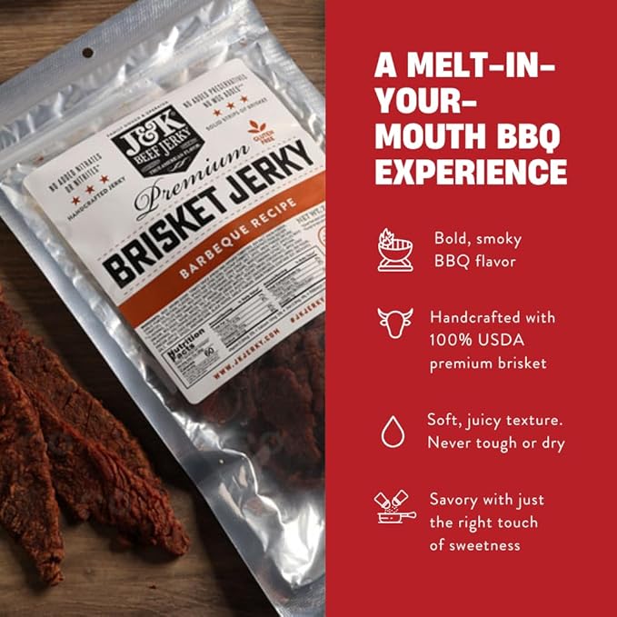 J&ampK Beef Brisket Jerky – BBQ Flavor – Hand Crafted Small Batch American Made Slab Jerky – Bold &amp Smoky Snack – 7oz Big Bag